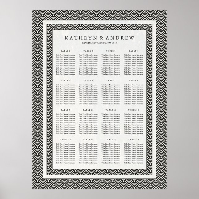 Elegant Black+White Seigaiha Bröllop-sätesdiagram Poster (Framsidan)