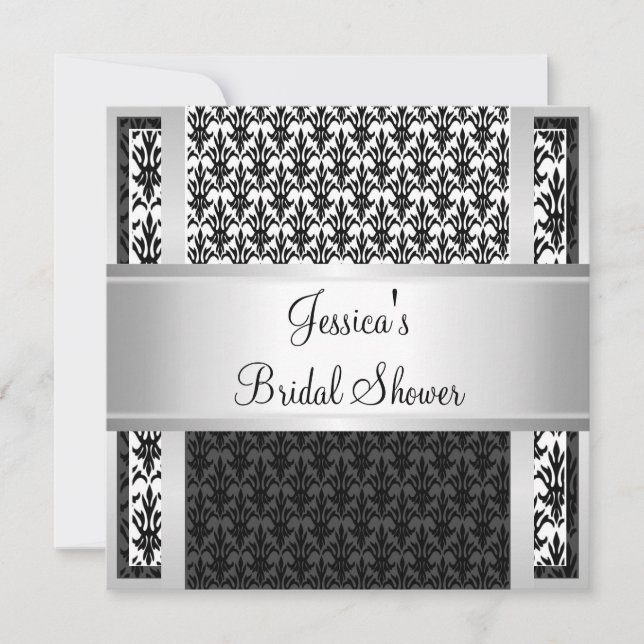 Elegant Black White Silver Damask Möhippa Inbjudningar (Framsida)