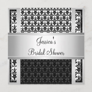 Elegant Black White Silver Damask Möhippa Inbjudningar