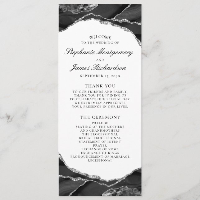 Elegant Black White Silver Foil Agate Bröllop Program (Framsida)