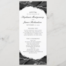 Elegant Black White Silver Foil Agate Bröllop Program