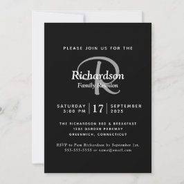 Elegant Black White Silver Monogram Familjeåterför Inbjudningar