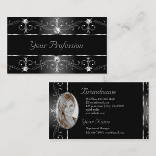 Elegant Black White Silver Ornate Gräns Add Foto Visitkort