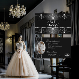 Elegant Black White Silver Ornate Gräns Logotyp Fo Visitkort