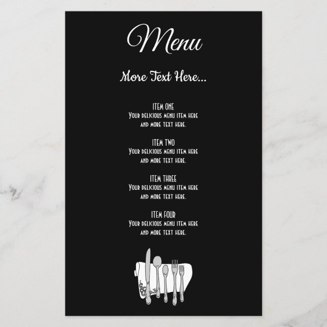 Elegant Black White Silverware Editable Menu Flyer (Framsidan)