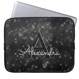Elegant Black & White Sparkling Stars Monogram Laptop Fodral