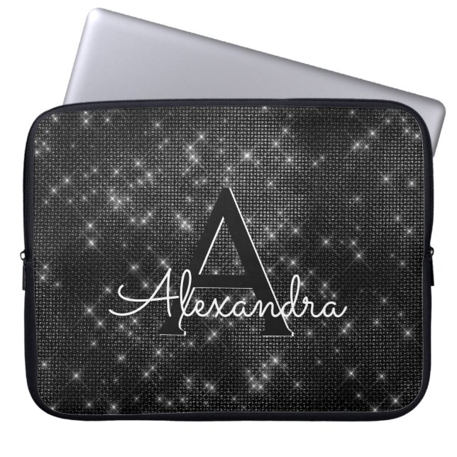 Elegant Black & White Sparkling Stars Monogram Laptop Fodral (Framsidan)
