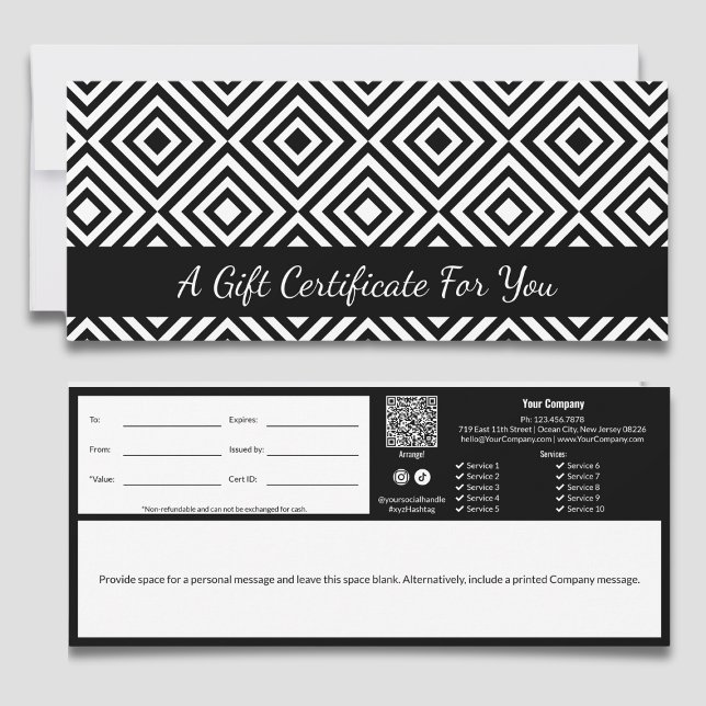 Elegant Black White Tile Mönster Gift Certificate (Elegant Black White Tile Pattern Gift Certificate, QR-code, Terms, Track-ID, Write Note)