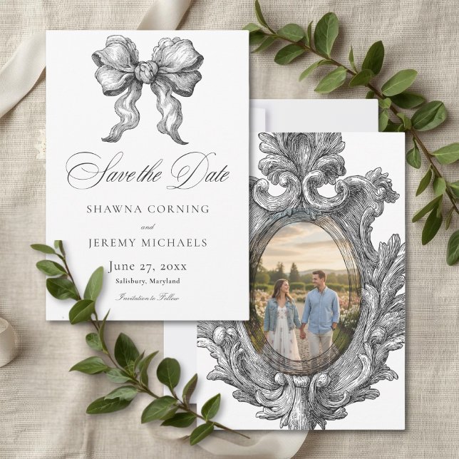 Elegant Black White Toile French Manor Photo Spara Datumet (Elegant Black White Toile French Manor Photo Save The Date)