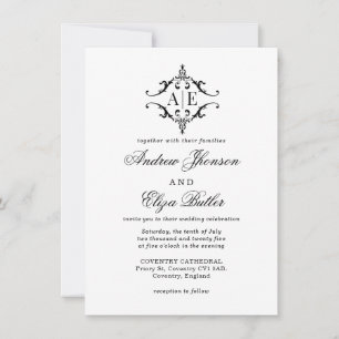 Elegant Black & White Vapensköld Monogram Bröllop Inbjudningar