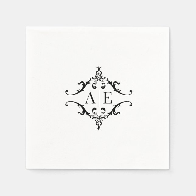 Elegant Black & White Vapensköld Monogram Bröllop Pappersservett (Framsidan)