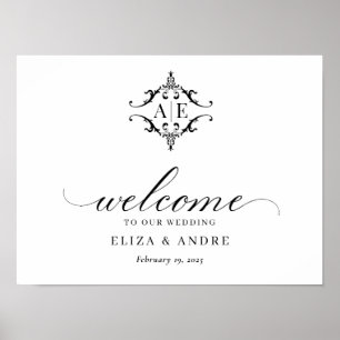 Elegant Black & White Vapensköld Monogram Bröllop Poster
