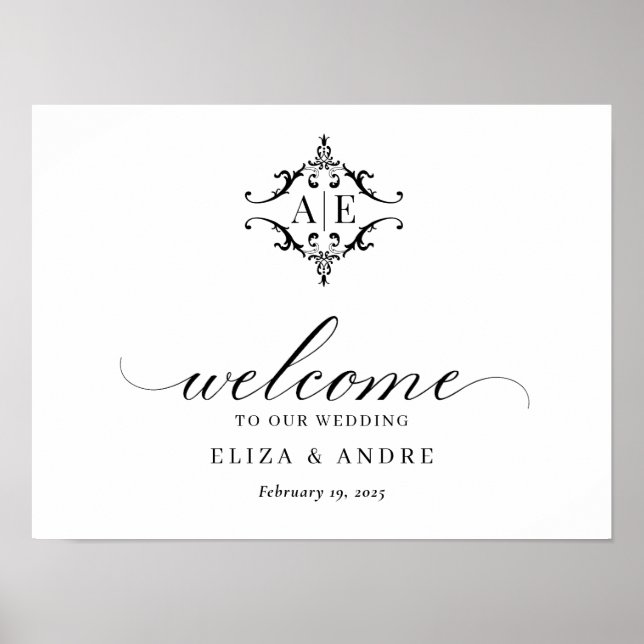 Elegant Black & White Vapensköld Monogram Bröllop Poster (Framsidan)