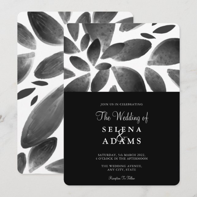 Elegant Black White Watercolor Foliage Bröllop Inbjudningar (Fram/baksida)