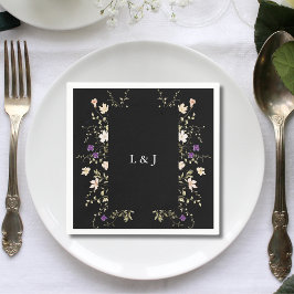 Elegant Black Wildblommor Blommigt Bröllop Napkin Pappersservett