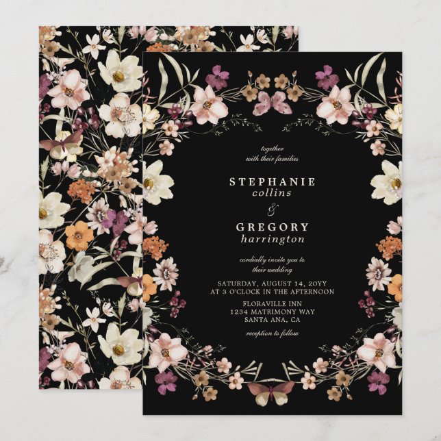 Elegant Black Wildblommor Bröllop Inbjudningar (Fram/baksida)