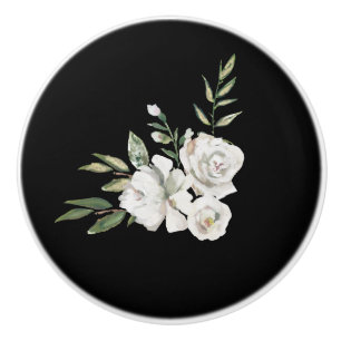 Elegant Black with White Flowers Drawer Knopp