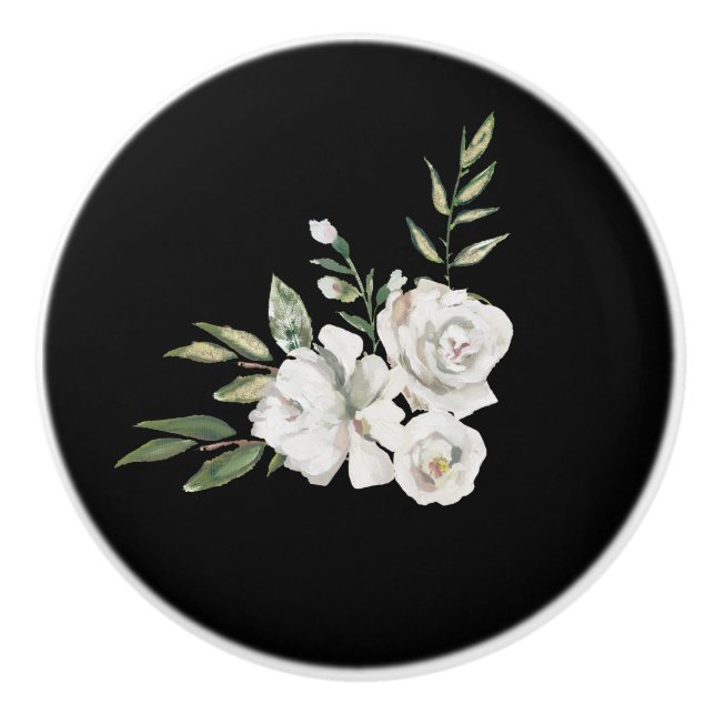 Elegant Black with White Flowers Drawer Knopp (Framsidan)