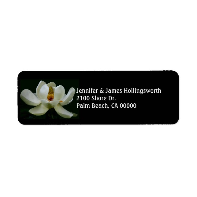 Elegant Black with White Magnolia Anpassningsbar Returadress Etikett (Framsidan)