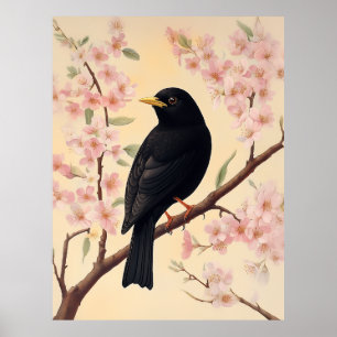 Elegant Blackbird på Blommar Poster