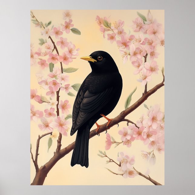 Elegant Blackbird på Blommar Poster (Framsidan)