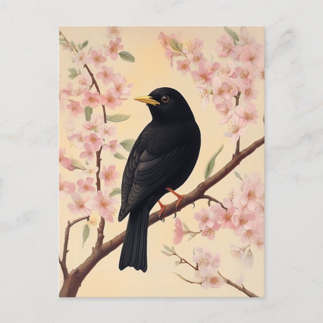 Elegant Blackbird på Blommar Vykort (Framsida)