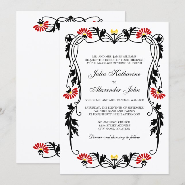 Elegant blad blommor och virvlar bröllopsinbjudan inbjudningar (Fram/baksida)