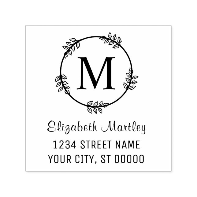 Elegant bladkrans Initialt namn Returadress Självfärgande Stämpel (Design)