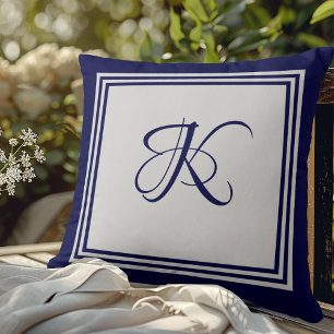 Elegant blågrå fyrkantig mönster initial monogram kudde