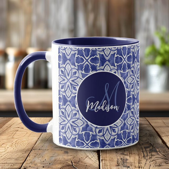 Elegant blågrå initial monogrampresent mugg (Skapare uppladdad)