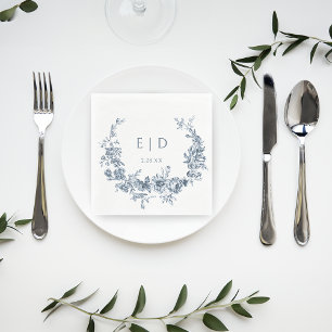 Elegant Blågraverad Blommigt Utandning med Monogra Pappersservett