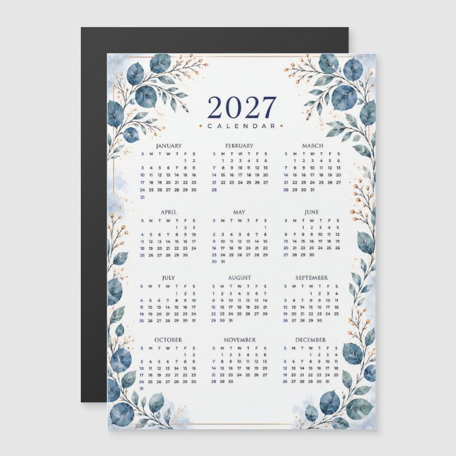 Elegant blågrön eukalyptus 2027 Magnetisk kalender (Fram/baksida)