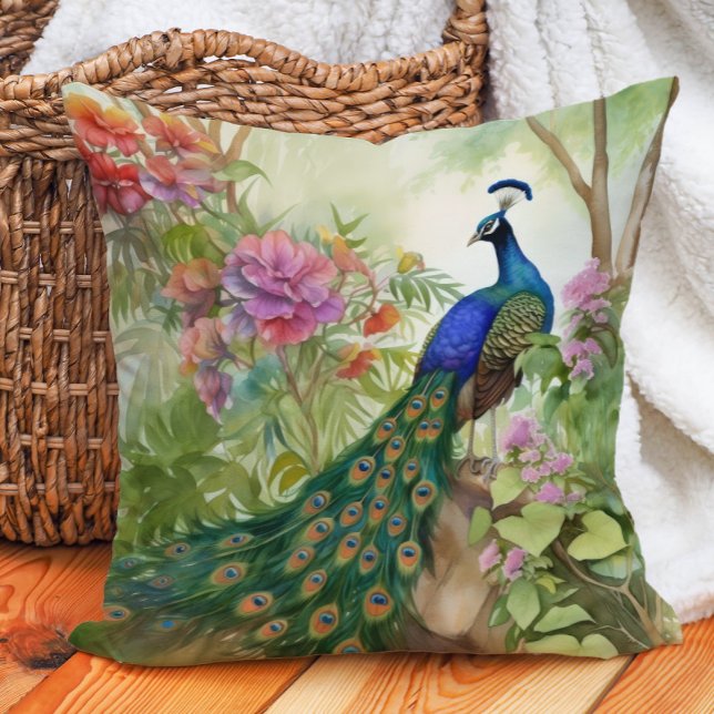 Elegant blågrön påfågel rosa blommor skog kudde (Elegant blue and teal peacock decorator pillow)
