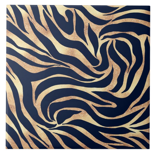 Elegant Blåhavsblått Guld Zebra tryck Kakelplatta (Framsidan)