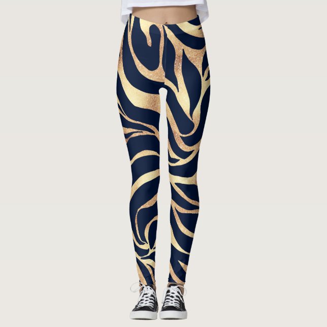 Elegant Blåhavsblått Guld Zebra tryck Leggings (Framsida)