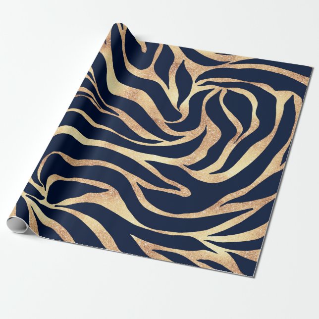 Elegant Blåhavsblått Guld Zebra tryck Presentpapper (Utrullad)
