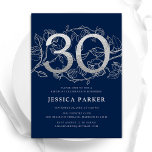 Elegant Blåhavsblått Silver 30års födelsedag Inbjudningar<br><div class="desc">Elegantens inbjudan till partyn Blått silver 30års födelsedag. Anpassadets moderna femininindesign med ro botaniska accenter och faux glitter silver. Enkel perfekt för inbjudan-kort i blommigt för en snyggt kvinnlig dag firande. Anpassa med dina egna detaljer. Skrivna Zazzle-inbjudningar eller digital utskrivbar mall för omedelbar nedladdning.</div>
