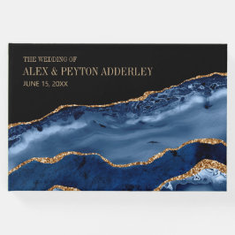 Elegant Blåhavssvart marmor Guld Bröllop Gästböcker