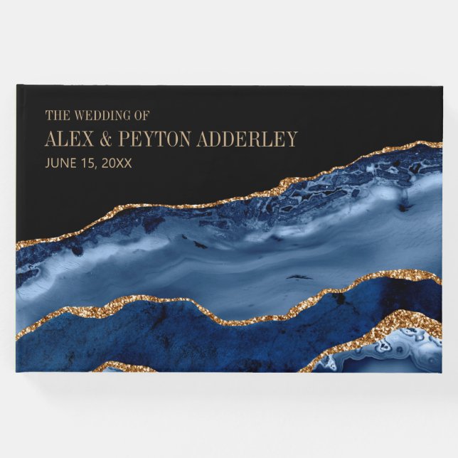 Elegant Blåhavssvart marmor Guld Bröllop Gästböcker (Framsida)