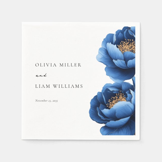 Elegant Blåhavsviken Guld Blommigt Bröllop Pappersservett (Framsidan)