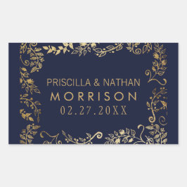 Elegant Blåhavsviken Guld Blommigt Bröllop Rektangulärt Klistermärke