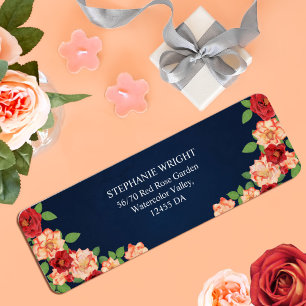 Elegant Blåhavsviken Röd ros Blommigt Bröllop Adre Returadress Etikett