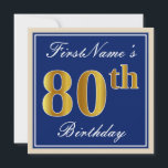 Elegant blått, 80th födelsedag för Fauxguld   Namn Inbjudningar<br><div class="desc">Denna enkla och elegant födelsedagsfestinbjudandesign presenterar en personligmeddelandenågot liknande "FirstNames 80th födelsedag" (med "80th" ha en look för faux-/efterföljdguld-något liknande färgläggning) inom blått-färgad kvadrerar område som presenterar en enkel gräns, skisserar. Namn är i en elegant vit-färgad skriva-något liknande text och kan vara personligen. Den tillbaka särdraganpassadeinbjudan specificerar. En födelsedagsfest inbjudannågot...</div>