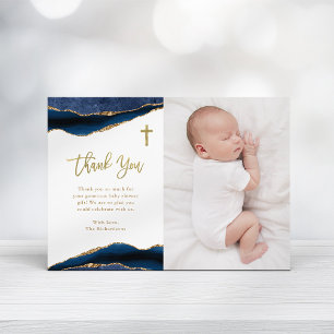 Elegant - blått agate med foto Baptism Tack Kort