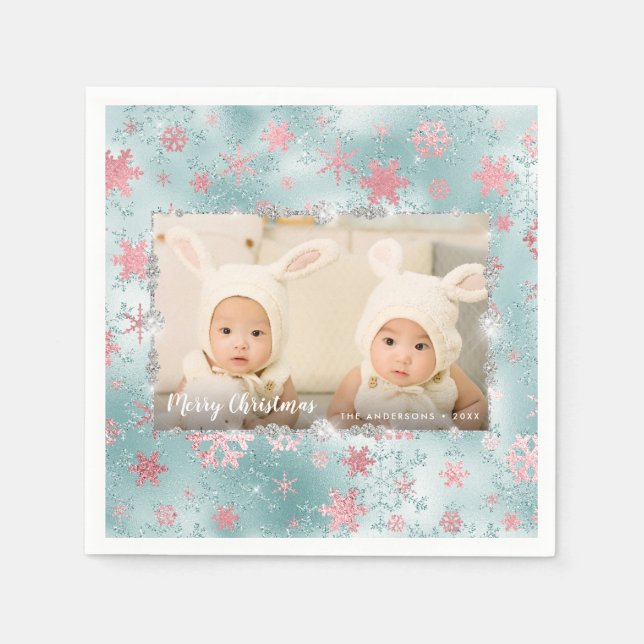 Elegant blått anpassningsbar ro guld snöflingor pappersservett (Framsidan)