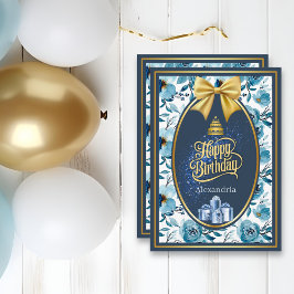 Elegant Blått Blommigt för vattenfärg, födelsedags