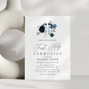 elegant blått blommigt första heligan inbjudningar