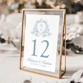 Elegant Blått Blommigt Vapen Monogram Bröllop Bordsnummer