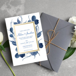 Elegant Blått Blommigt Vattenfärg Rustic Bröllop Inbjudningar