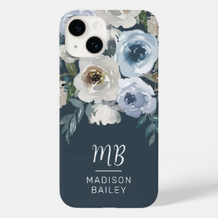 Elegant Blått Blommigt vattenfärgsmonogram